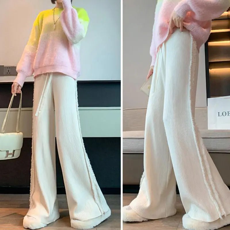 Smvp 2024Autumn Winter Casual Loose Ankle Length Trousers Lady Korean Raw Edge Drawstring Elastic Waist Slim Wide Leg Pant Women - VibraStore