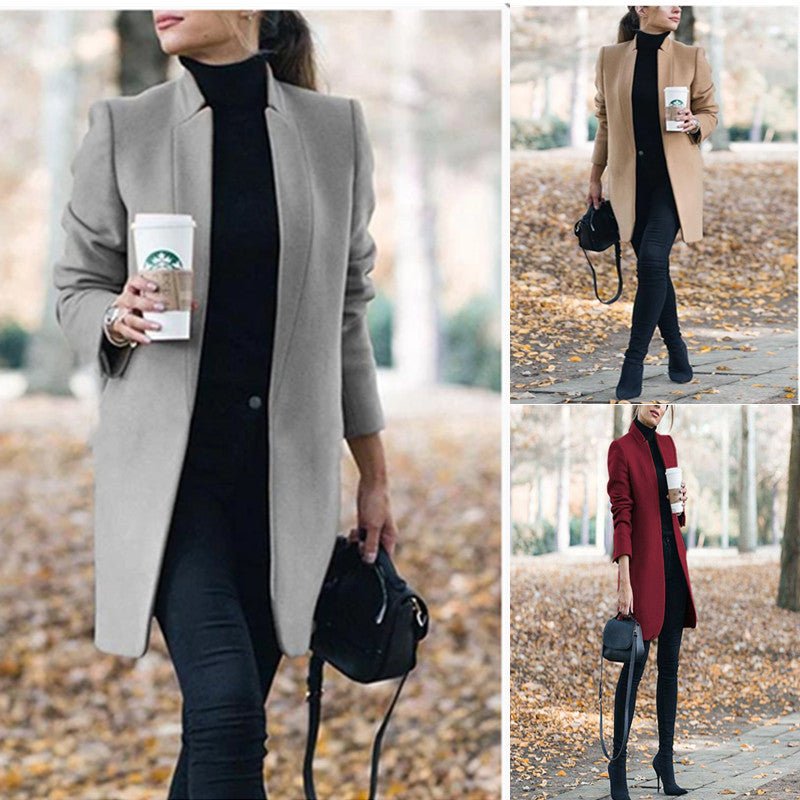 Solid Color Collar Woolen Coat - VibraStore
