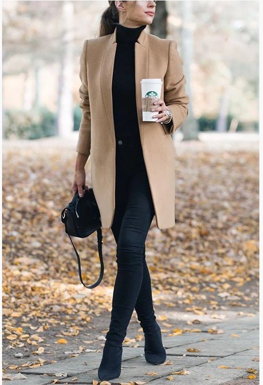 Solid Color Collar Woolen Coat - VibraStore