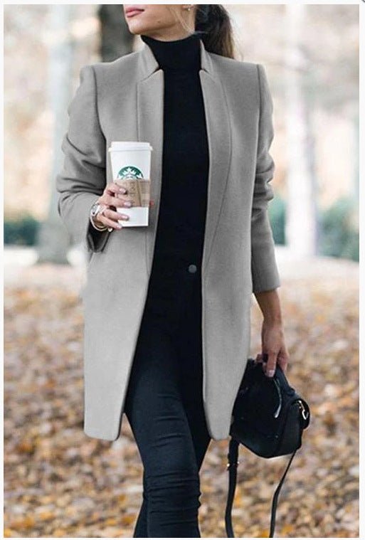 Solid Color Collar Woolen Coat - VibraStore