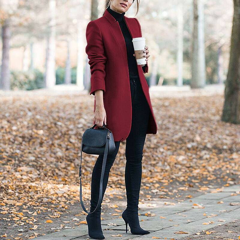 Solid Color Collar Woolen Coat - VibraStore