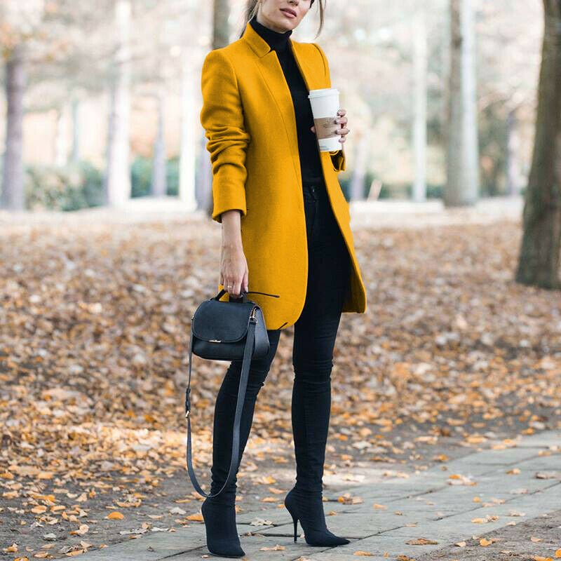 Solid Color Collar Woolen Coat - VibraStore