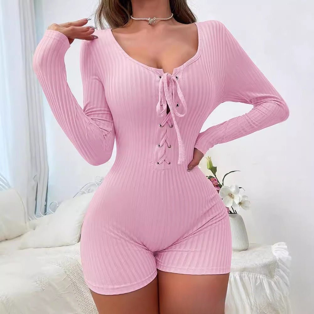 Solid Color V - neck Tie - front Home Jumpsuit - VibraStore