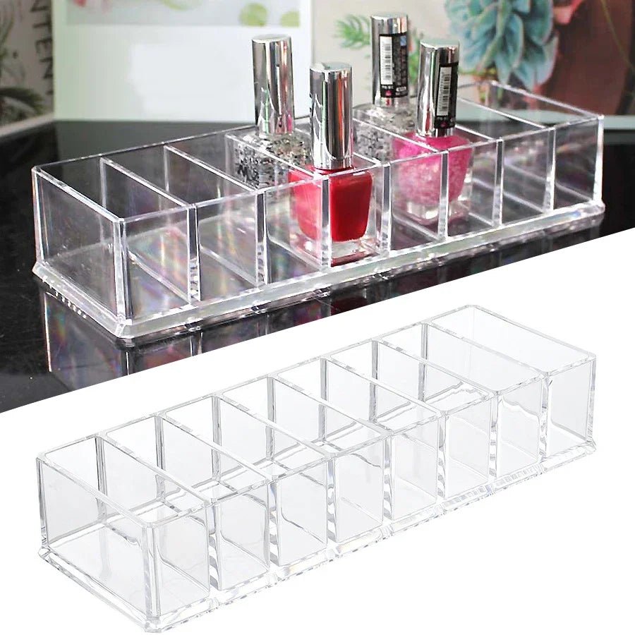 Soporte para esmalte de uñas con 8 ranuras, caja de rejilla acrílica transparente, soporte de exhibición de maquillaje para organizador de almacenamiento de cosméticos - VibraStore
