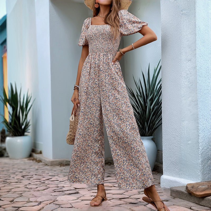 Square Collar Puff Sleeve Vacation Style Floral Jumpsuit - VibraStore