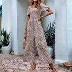 Square Collar Puff Sleeve Vacation Style Floral Jumpsuit - VibraStore