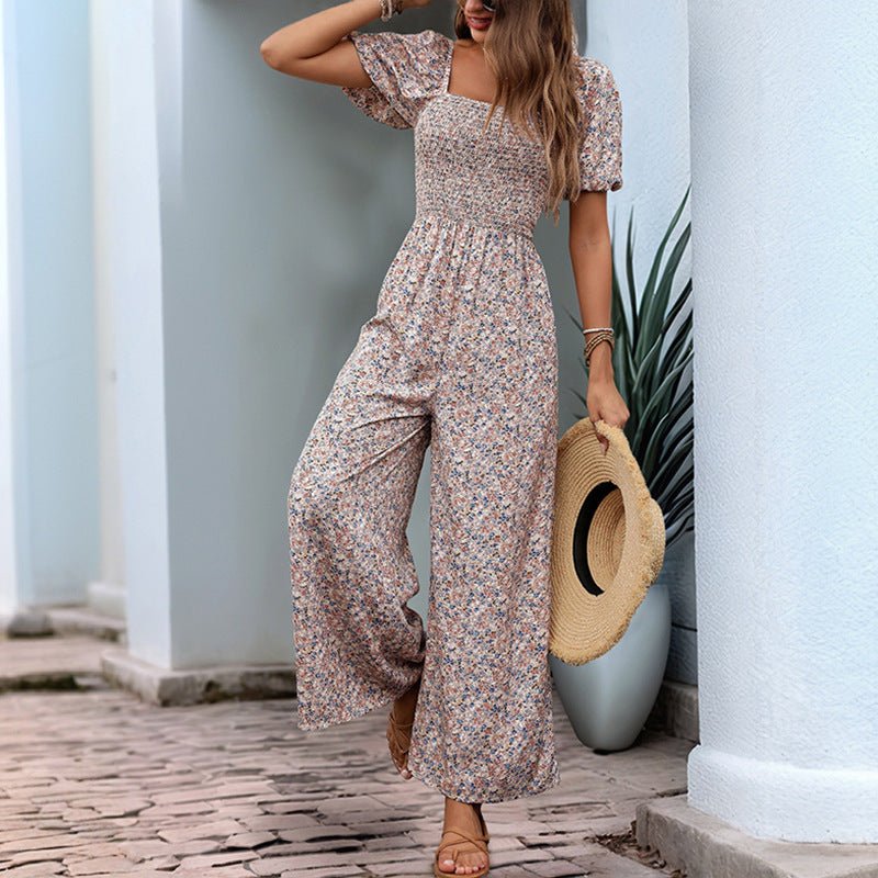 Square Collar Puff Sleeve Vacation Style Floral Jumpsuit - VibraStore