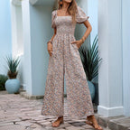 Square Collar Puff Sleeve Vacation Style Floral Jumpsuit - VibraStore