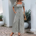 Square Collar Puff Sleeve Vacation Style Floral Jumpsuit - VibraStore