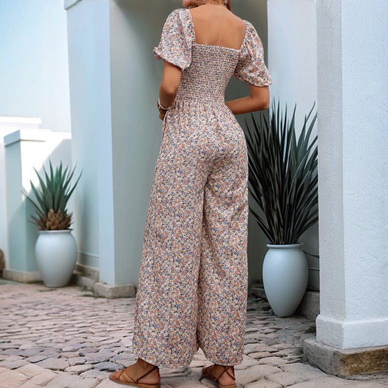 Square Collar Puff Sleeve Vacation Style Floral Jumpsuit - VibraStore