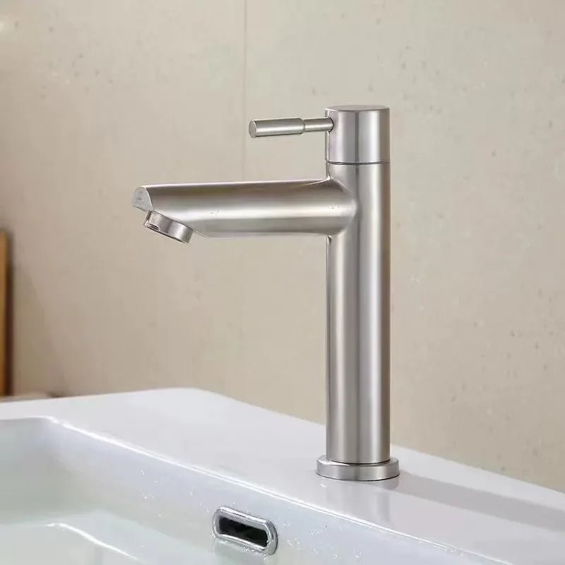 Stainless Steel Single Cold Water Tap Black Basin Fauct Silver Deck Mounted Lengthening and Raising Basin Sink Tap - VibraStore