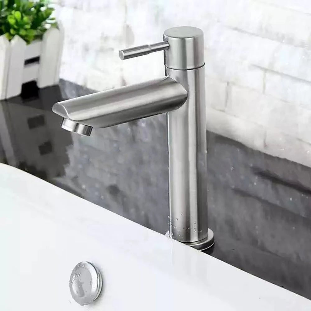 Stainless Steel Single Cold Water Tap Black Basin Fauct Silver Deck Mounted Lengthening and Raising Basin Sink Tap - VibraStore