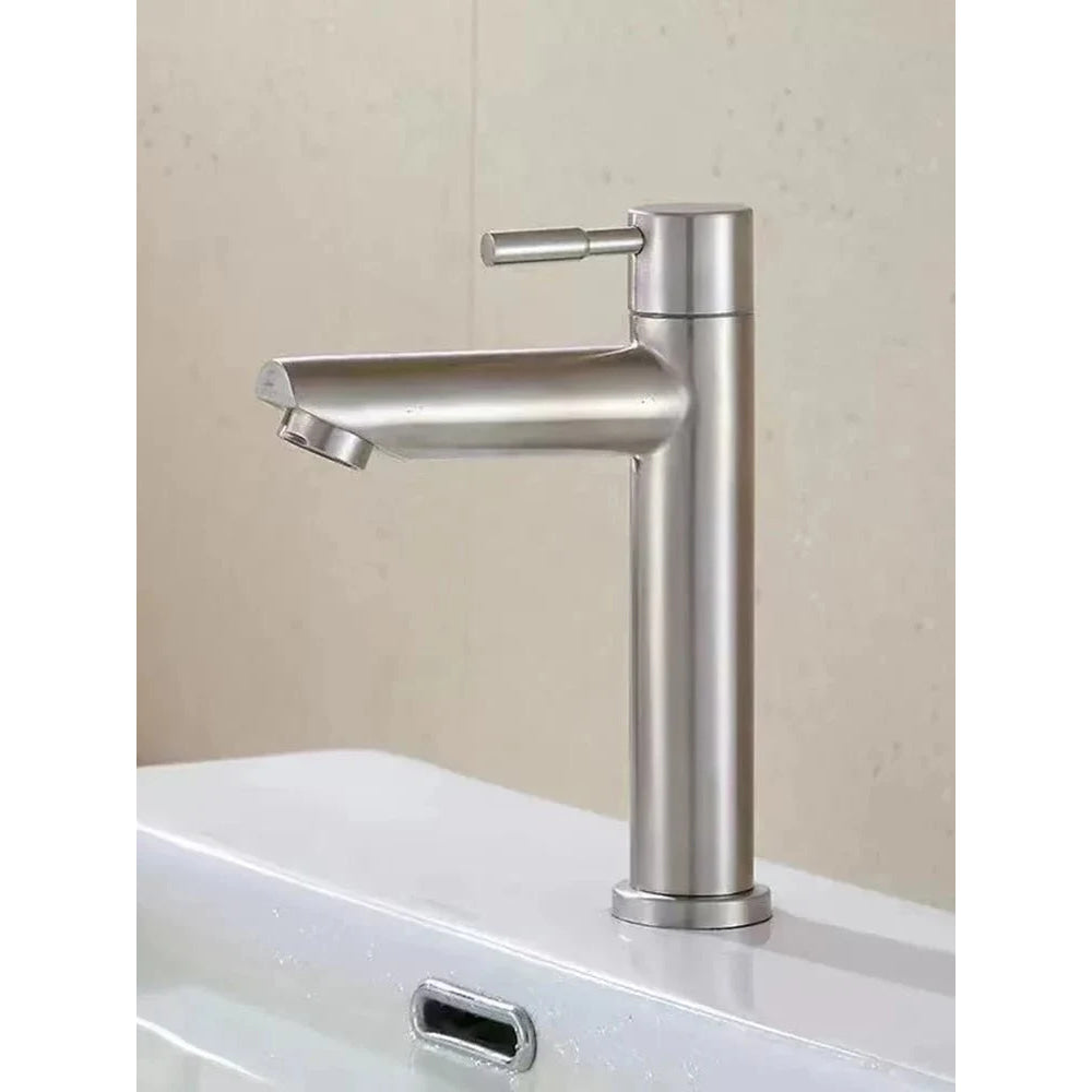 Stainless Steel Single Cold Water Tap Black Basin Fauct Silver Deck Mounted Lengthening and Raising Basin Sink Tap - VibraStore
