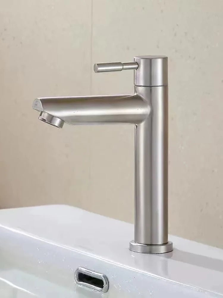 Stainless Steel Single Cold Water Tap Black Basin Fauct Silver Deck Mounted Lengthening and Raising Basin Sink Tap - VibraStore