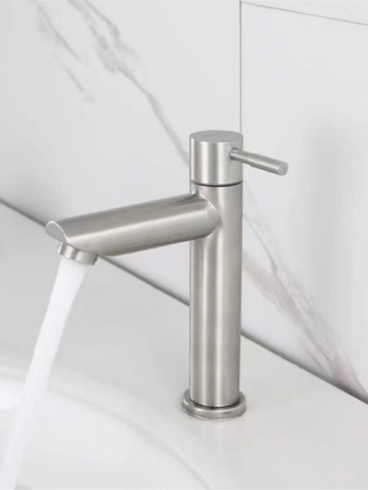 Stainless Steel Single Cold Water Tap Black Basin Fauct Silver Deck Mounted Lengthening and Raising Basin Sink Tap - VibraStore