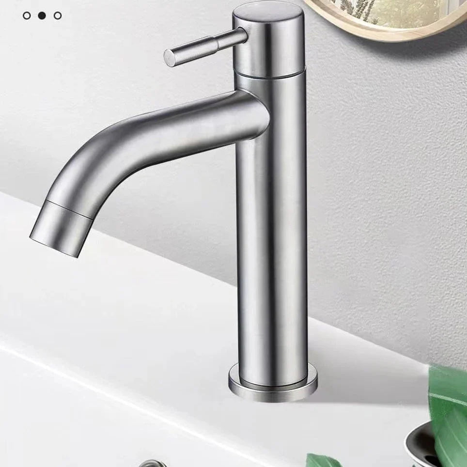 Stainless Steel Single Cold Water Tap Black Basin Fauct Silver Deck Mounted Lengthening and Raising Basin Sink Tap - VibraStore