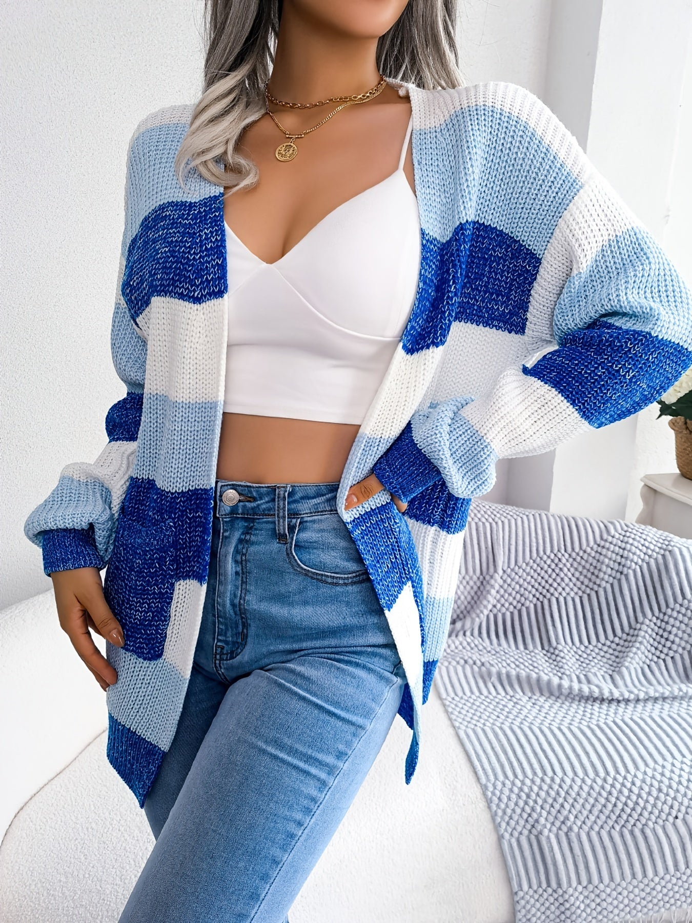 Striped Colorblock V - neck Cardigans, Casual Loose Drop Shoulder Long Sleeve Fall Winter Knit Cardigan, Women's Clothing - VibraStore