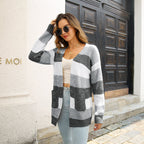 Striped Colorblock V - neck Cardigans, Casual Loose Drop Shoulder Long Sleeve Fall Winter Knit Cardigan, Women's Clothing - VibraStore