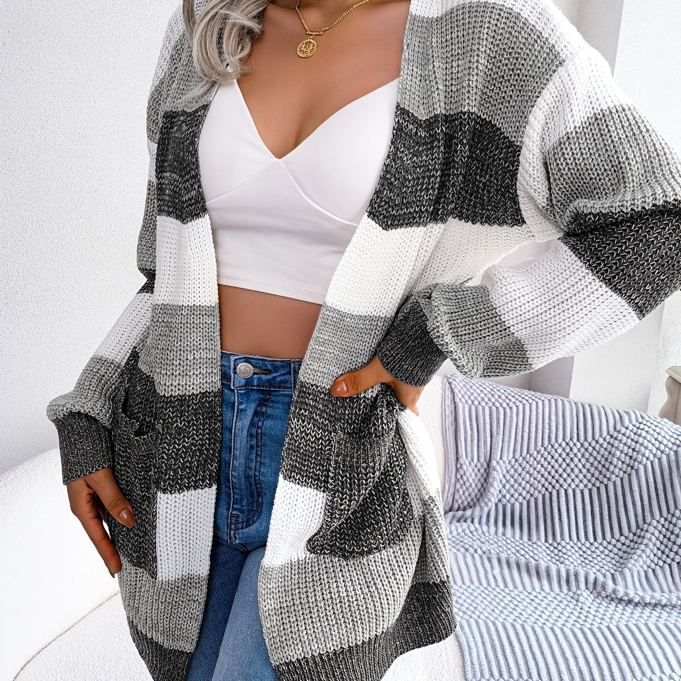 Striped Colorblock V - neck Cardigans, Casual Loose Drop Shoulder Long Sleeve Fall Winter Knit Cardigan, Women's Clothing - VibraStore