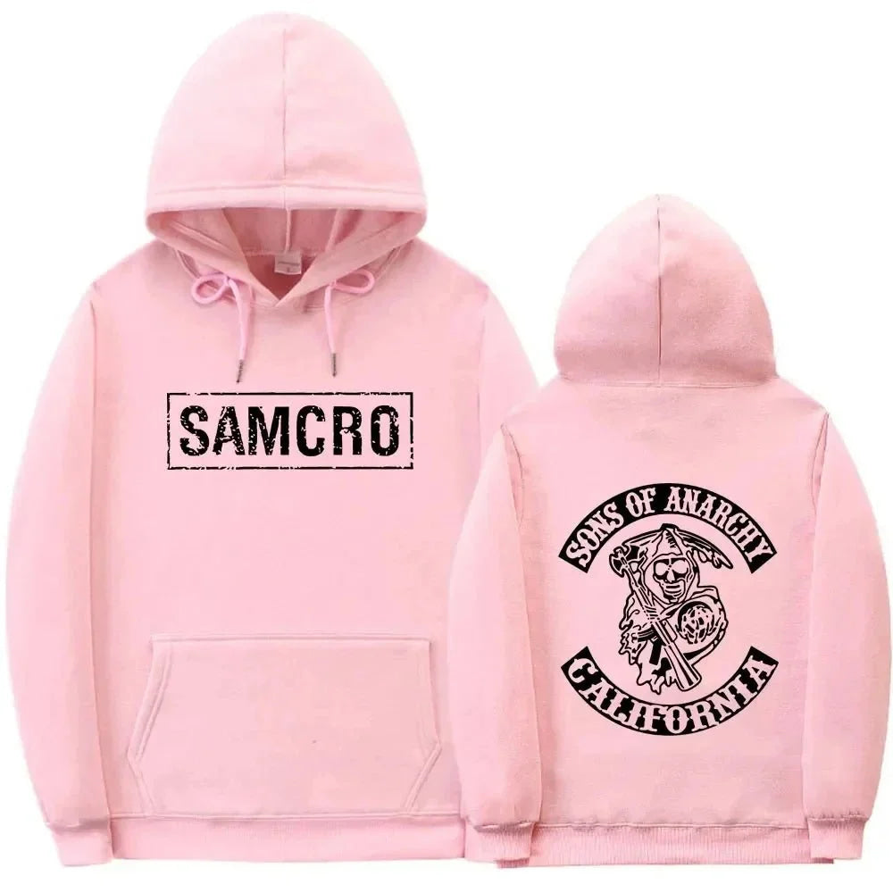 Sudadera con capucha con estampado de doble cara Tops Sons of Anarchy SAMCRO hombres mujeres diseño de marca de moda pulóver sudaderas con capucha de lana de algodón - VibraStore
