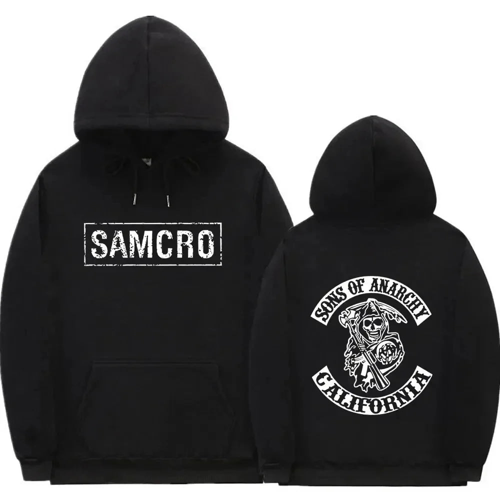 Sudadera con capucha con estampado de doble cara Tops Sons of Anarchy SAMCRO hombres mujeres diseño de marca de moda pulóver sudaderas con capucha de lana de algodón - VibraStore