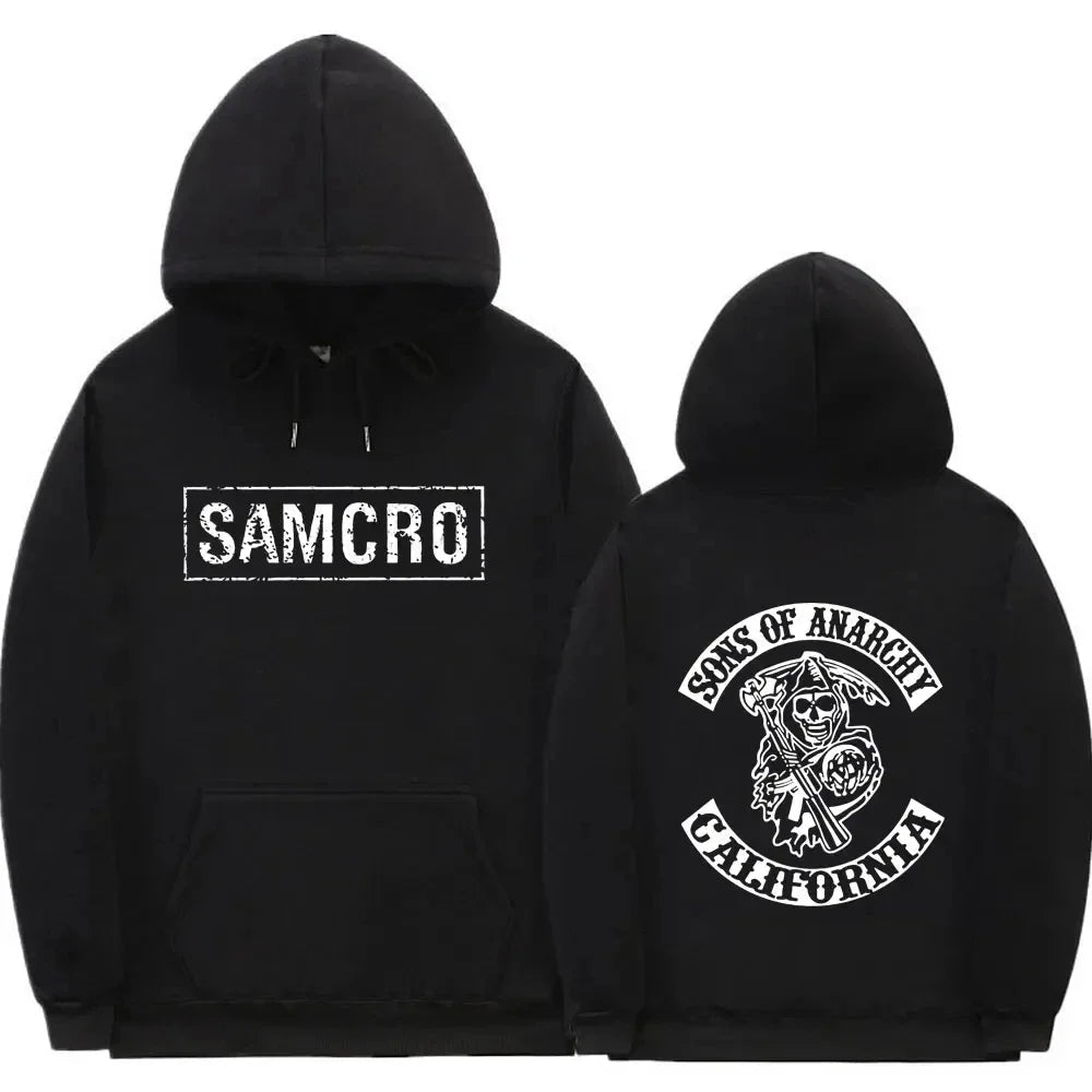 Sudadera con capucha con estampado de doble cara Tops Sons of Anarchy SAMCRO hombres mujeres diseño de marca de moda pulóver sudaderas con capucha de lana de algodón - VibraStore