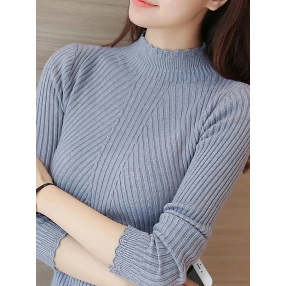 suéter de manga larga de punto parte baja sólido jerseys raya mujer Casual suéter invierno - VibraStore