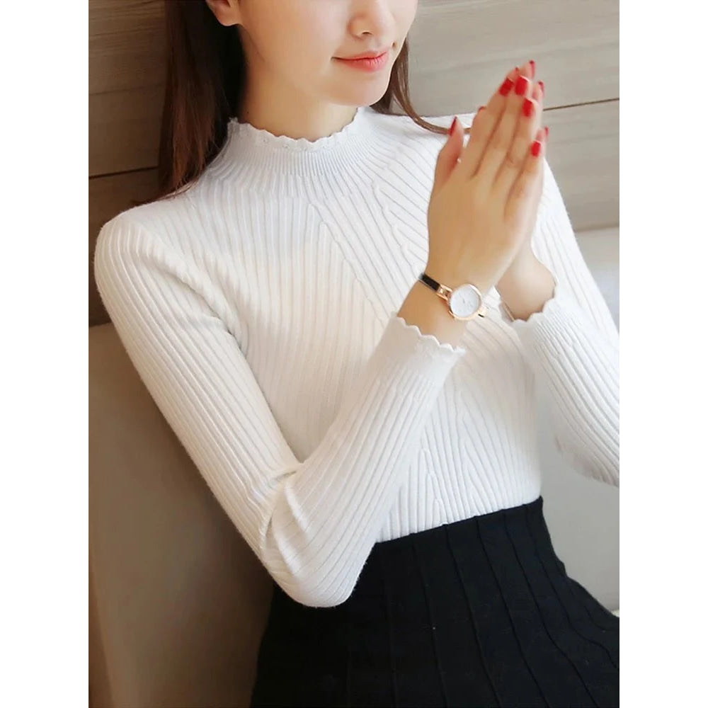 suéter de manga larga de punto parte baja sólido jerseys raya mujer Casual suéter invierno - VibraStore
