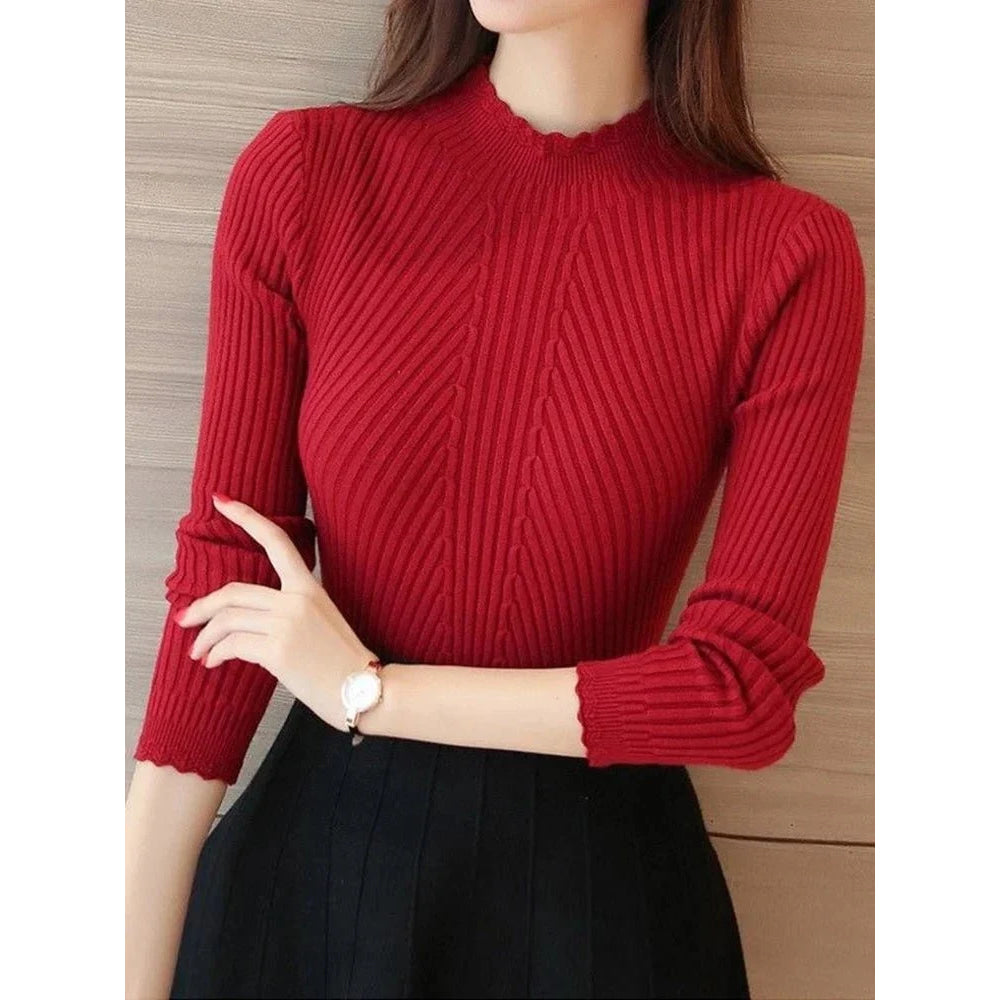 suéter de manga larga de punto parte baja sólido jerseys raya mujer Casual suéter invierno - VibraStore