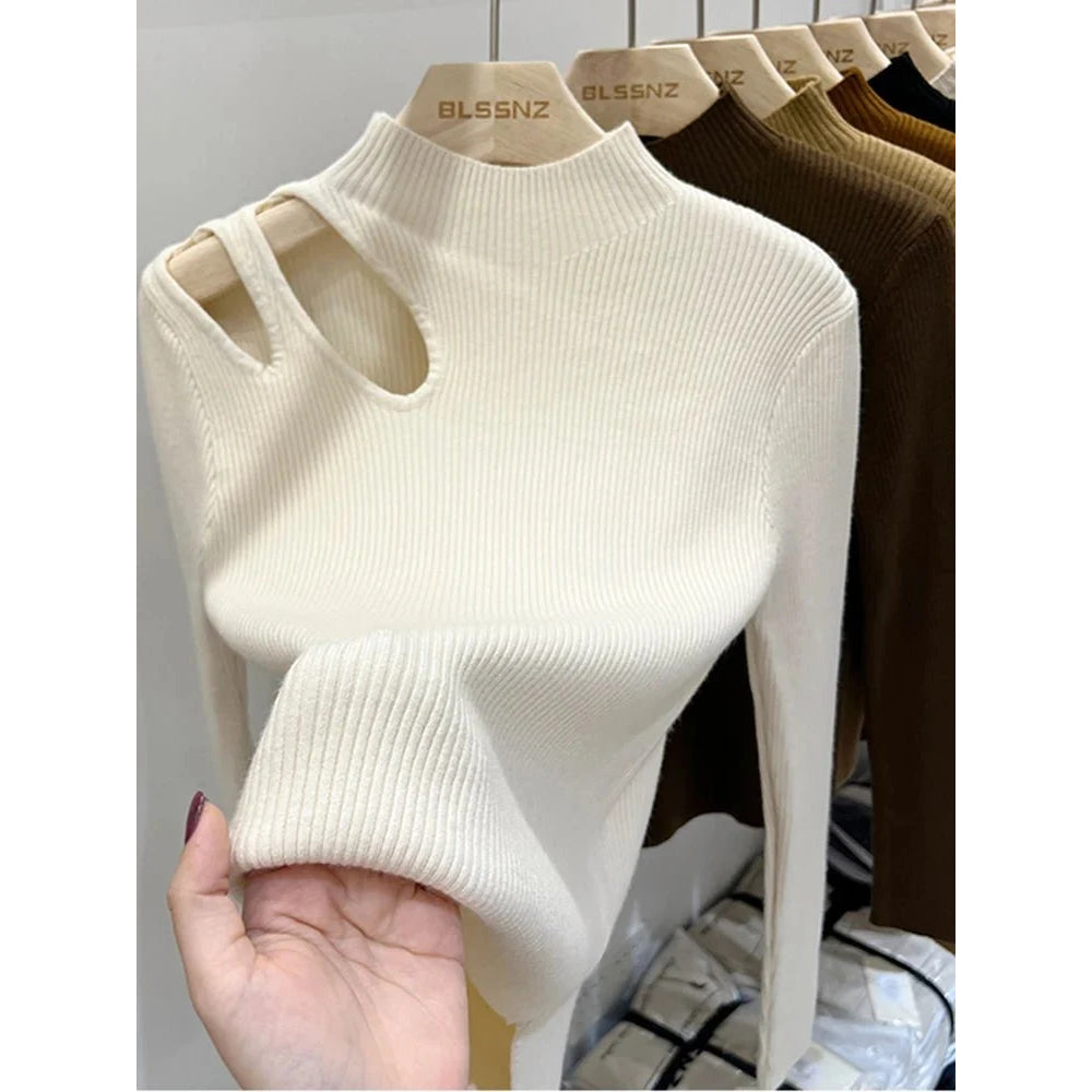 Suéter de punto de cuello alto para mujer, jerséis acanalados, suéteres básicos de otoño e invierno para mujer, Tops suaves y cálidos - VibraStore