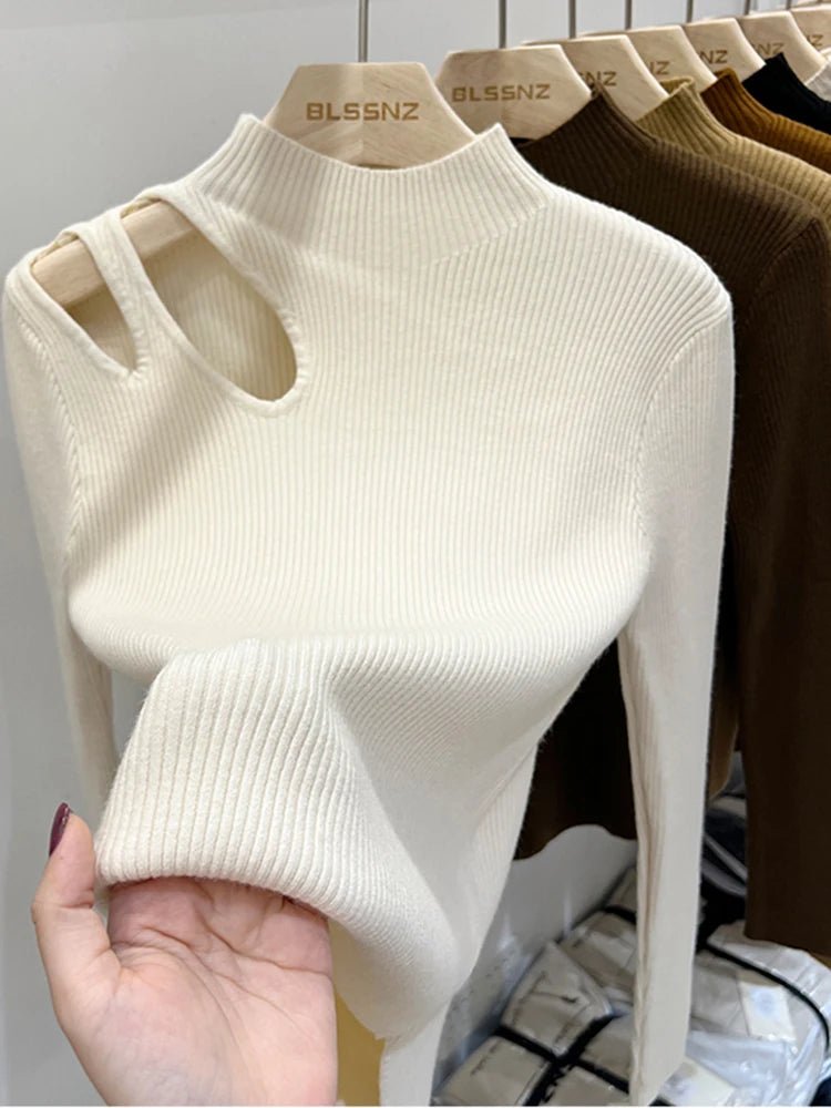 Suéter de punto de cuello alto para mujer, jerséis acanalados, suéteres básicos de otoño e invierno para mujer, Tops suaves y cálidos - VibraStore