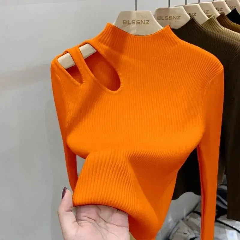 Suéter de punto de cuello alto para mujer, jerséis acanalados, suéteres básicos de otoño e invierno para mujer, Tops suaves y cálidos - VibraStore