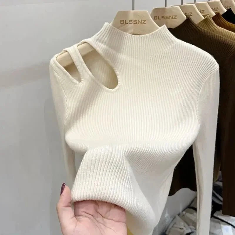 Suéter de punto de cuello alto para mujer, jerséis acanalados, suéteres básicos de otoño e invierno para mujer, Tops suaves y cálidos - VibraStore