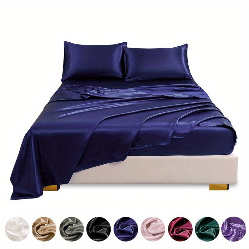 This 4pcs Satin Bed Sheet Set Includes One Fitted Sheet, One Flat Sheet, And Two Pillowcases Without Inserts. The Solid Color Showcases a Simple And Elegant Design That Never Goes Out of Style. Made from Polyester, The Fabric - VibraStore