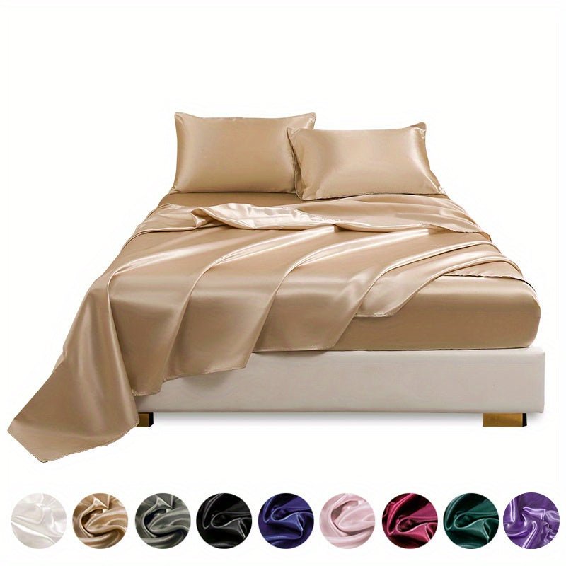 This 4pcs Satin Bed Sheet Set Includes One Fitted Sheet, One Flat Sheet, And Two Pillowcases Without Inserts. The Solid Color Showcases a Simple And Elegant Design That Never Goes Out of Style. Made from Polyester, The Fabric - VibraStore