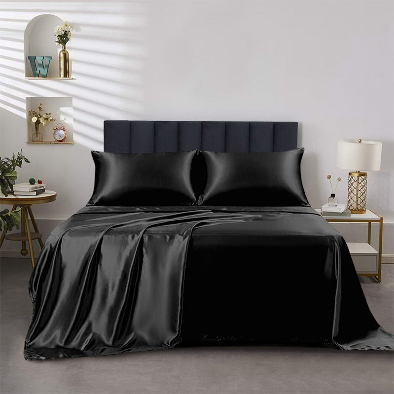 This 4pcs Satin Bed Sheet Set Includes One Fitted Sheet, One Flat Sheet, And Two Pillowcases Without Inserts. The Solid Color Showcases a Simple And Elegant Design That Never Goes Out of Style. Made from Polyester, The Fabric - VibraStore