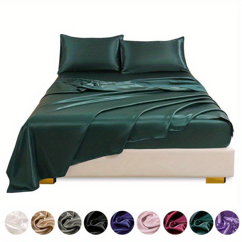 This 4pcs Satin Bed Sheet Set Includes One Fitted Sheet, One Flat Sheet, And Two Pillowcases Without Inserts. The Solid Color Showcases a Simple And Elegant Design That Never Goes Out of Style. Made from Polyester, The Fabric - VibraStore