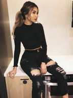 Top corto de manga larga para mujer, camisas Harajuku coreanas negras Borgoña, ropa Sexy de cuello alto, Camiseta corta básica para mujer - VibraStore