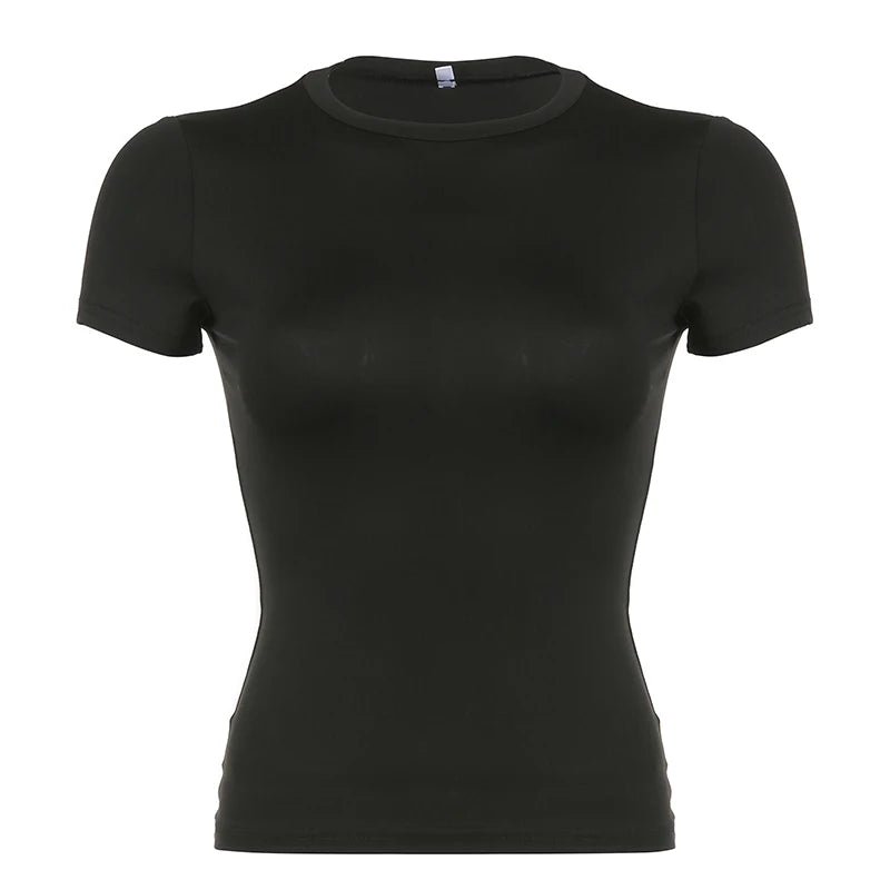 Top corto liso básico para mujer, camiseta ajustada de manga corta con cuello redondo, camiseta informal de verano para mujer, Top Vintage Y2K, ropa de calle Harajuku - VibraStore