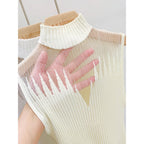 Top de punto de malla para mujer, camiseta sin mangas Y2K, chaleco de medio cuello, suéter sin mangas para mujer, ropa de calle recortada elegante, Top de tubo ajustado liso - VibraStore