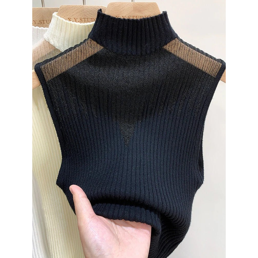 Top de punto de malla para mujer, camiseta sin mangas Y2K, chaleco de medio cuello, suéter sin mangas para mujer, ropa de calle recortada elegante, Top de tubo ajustado liso - VibraStore