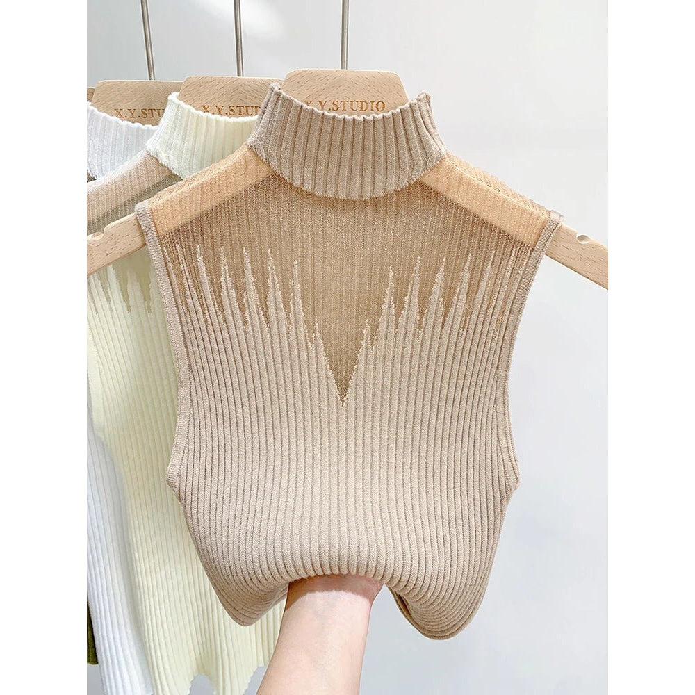 Top de punto de malla para mujer, camiseta sin mangas Y2K, chaleco de medio cuello, suéter sin mangas para mujer, ropa de calle recortada elegante, Top de tubo ajustado liso - VibraStore