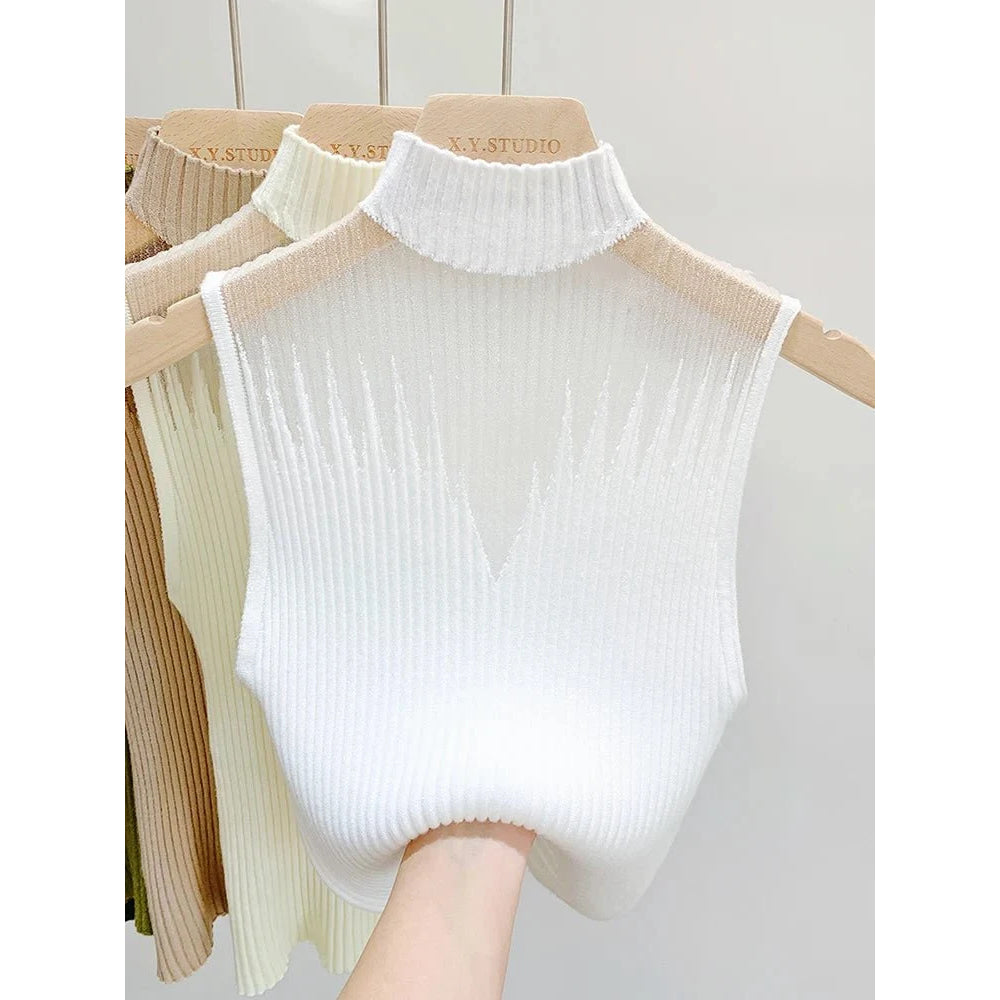 Top de punto de malla para mujer, camiseta sin mangas Y2K, chaleco de medio cuello, suéter sin mangas para mujer, ropa de calle recortada elegante, Top de tubo ajustado liso - VibraStore