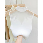 Top de punto de malla para mujer, camiseta sin mangas Y2K, chaleco de medio cuello, suéter sin mangas para mujer, ropa de calle recortada elegante, Top de tubo ajustado liso - VibraStore