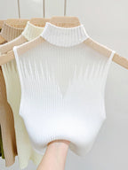 Top de punto de malla para mujer, camiseta sin mangas Y2K, chaleco de medio cuello, suéter sin mangas para mujer, ropa de calle recortada elegante, Top de tubo ajustado liso - VibraStore