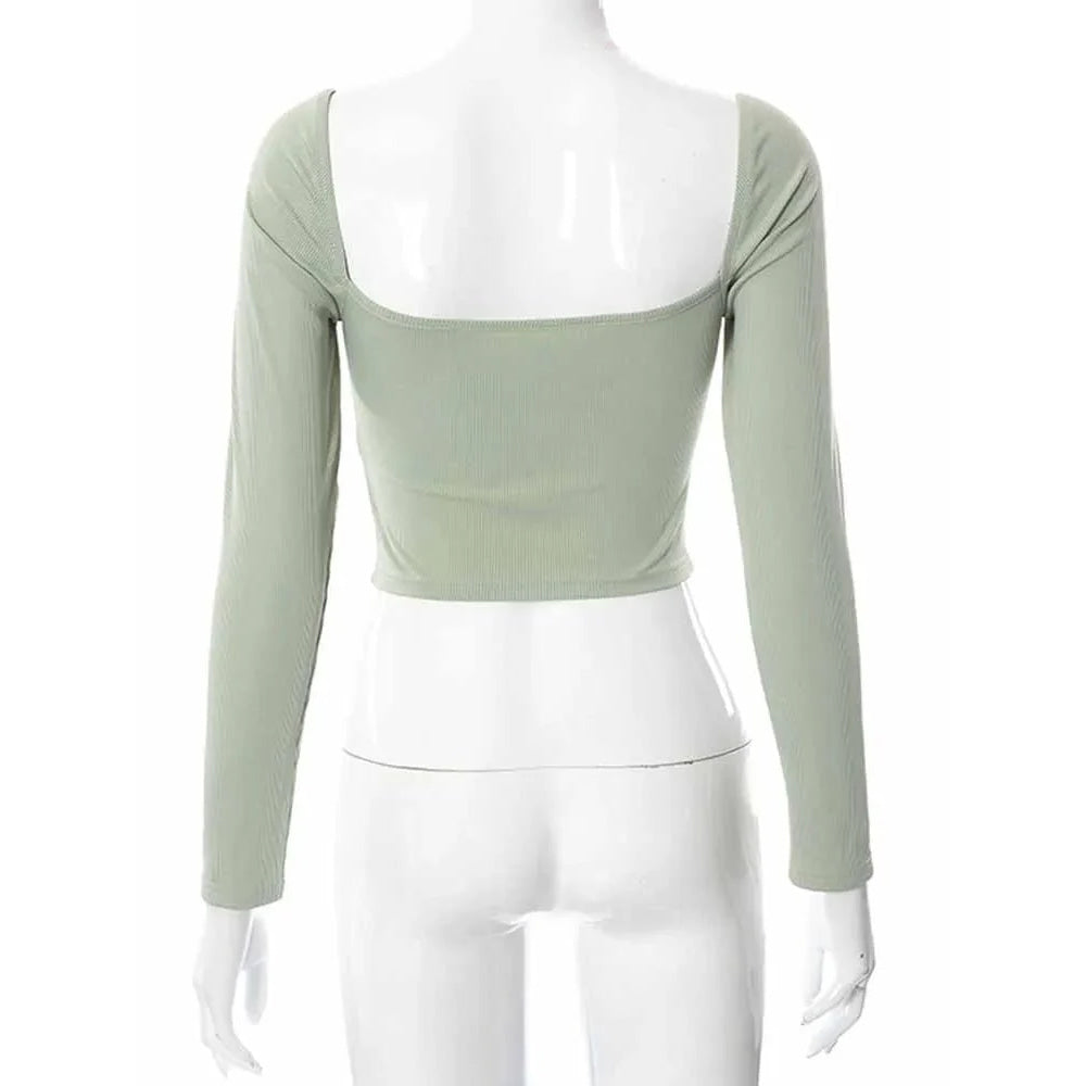 Tops cortos de manga larga con cuello en V ahuecados para primavera y otoño, camisetas informales a la moda con cuello cuadrado y acanalado ajustado, camiseta sin espalda - VibraStore