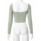 Tops cortos de manga larga con cuello en V ahuecados para primavera y otoño, camisetas informales a la moda con cuello cuadrado y acanalado ajustado, camiseta sin espalda - VibraStore
