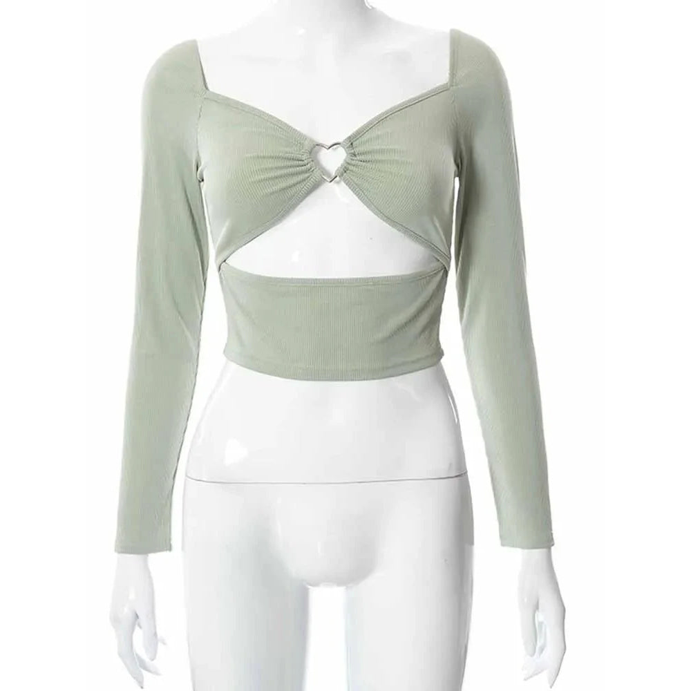 Tops cortos de manga larga con cuello en V ahuecados para primavera y otoño, camisetas informales a la moda con cuello cuadrado y acanalado ajustado, camiseta sin espalda - VibraStore