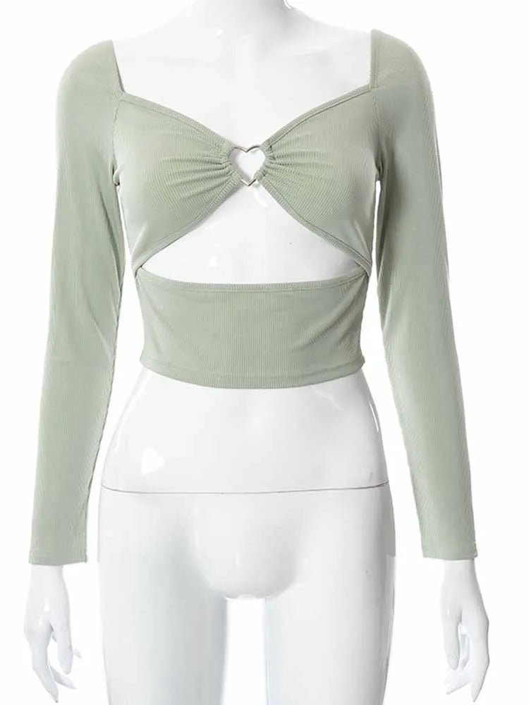 Tops cortos de manga larga con cuello en V ahuecados para primavera y otoño, camisetas informales a la moda con cuello cuadrado y acanalado ajustado, camiseta sin espalda - VibraStore