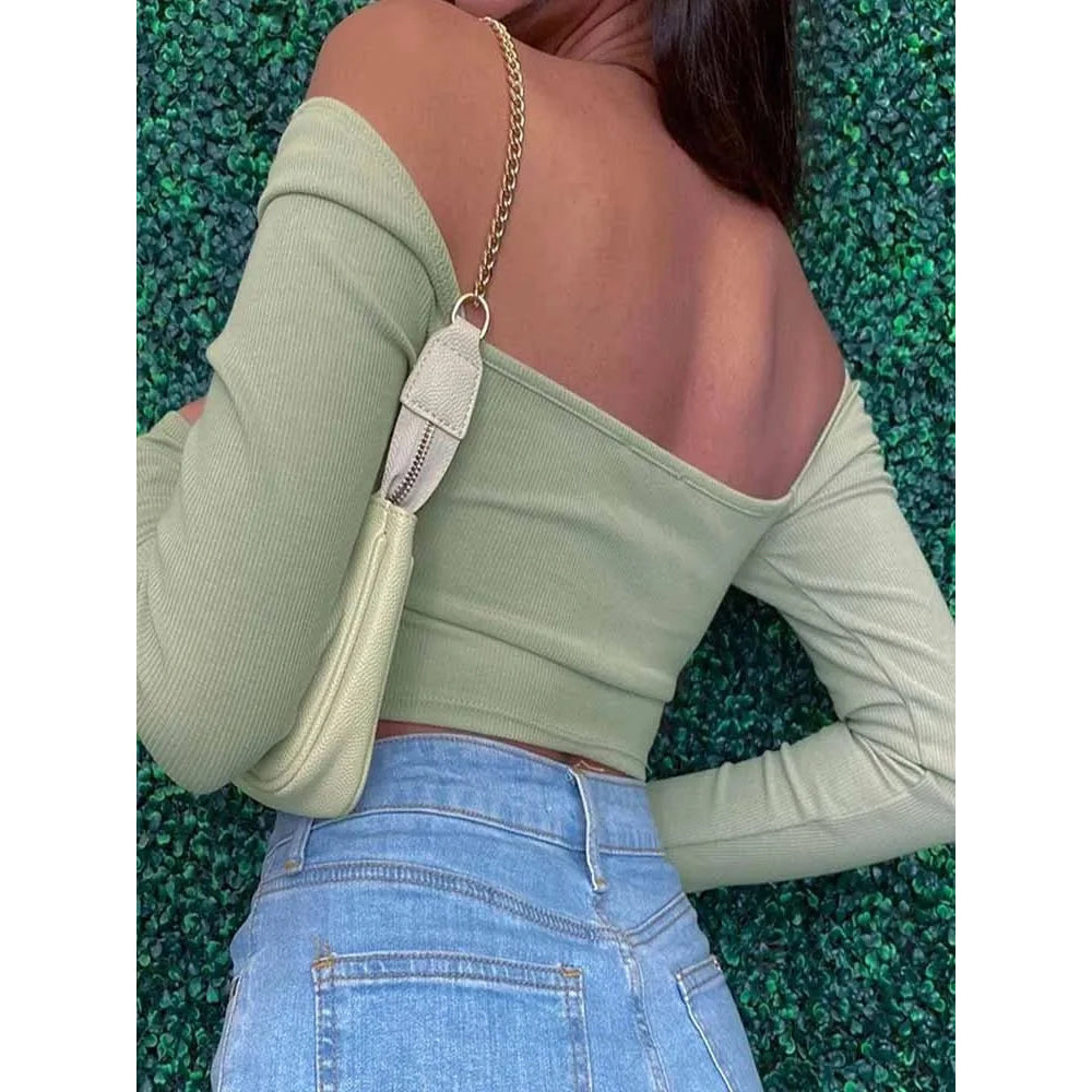 Tops cortos de manga larga con cuello en V ahuecados para primavera y otoño, camisetas informales a la moda con cuello cuadrado y acanalado ajustado, camiseta sin espalda - VibraStore